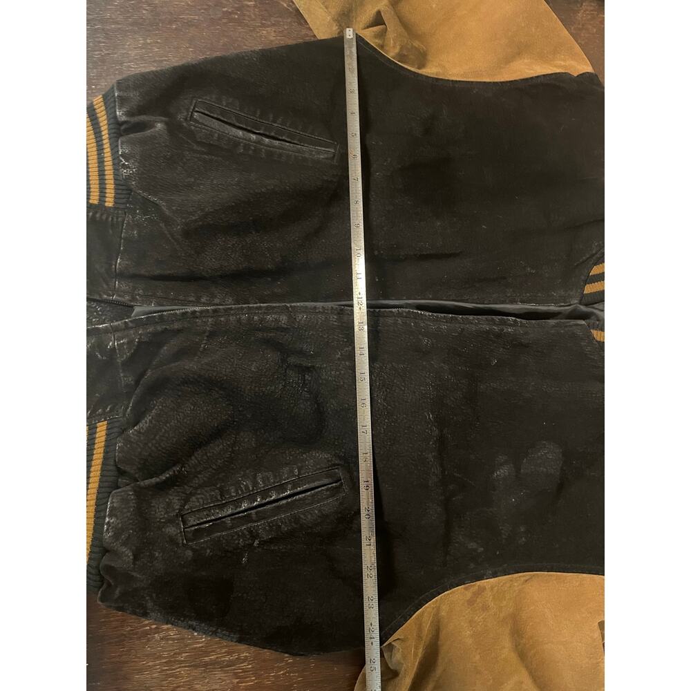 Avalanche Mens Large Leather Varsity Bomber Jacket Black Tan Grunge Western Y2K - Picture 3 of 6